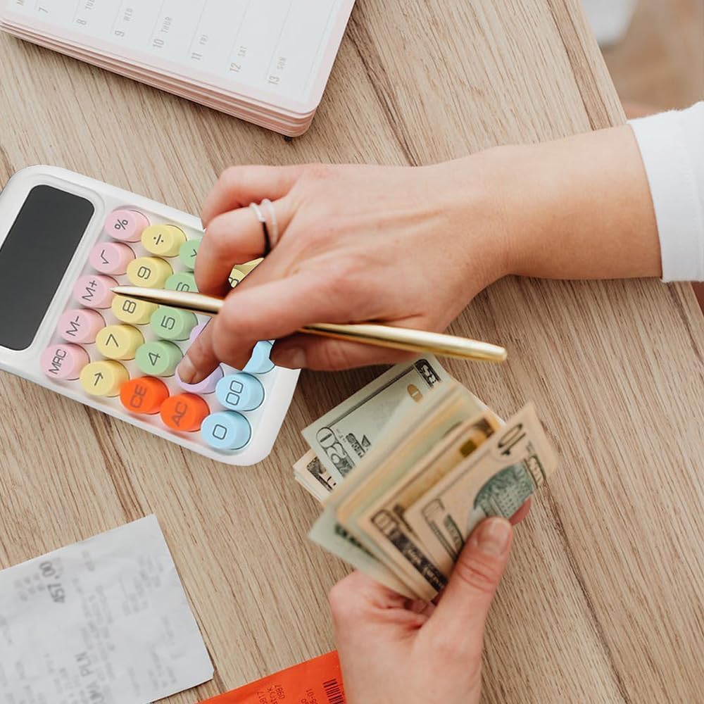 Colorful Candy Mechanical Calculator - Cute 12 Digit Large LCD Display, Big Round Button, Easy to Press - for School, Office, Business, Home - Automatic Sleep (Multi-Color)