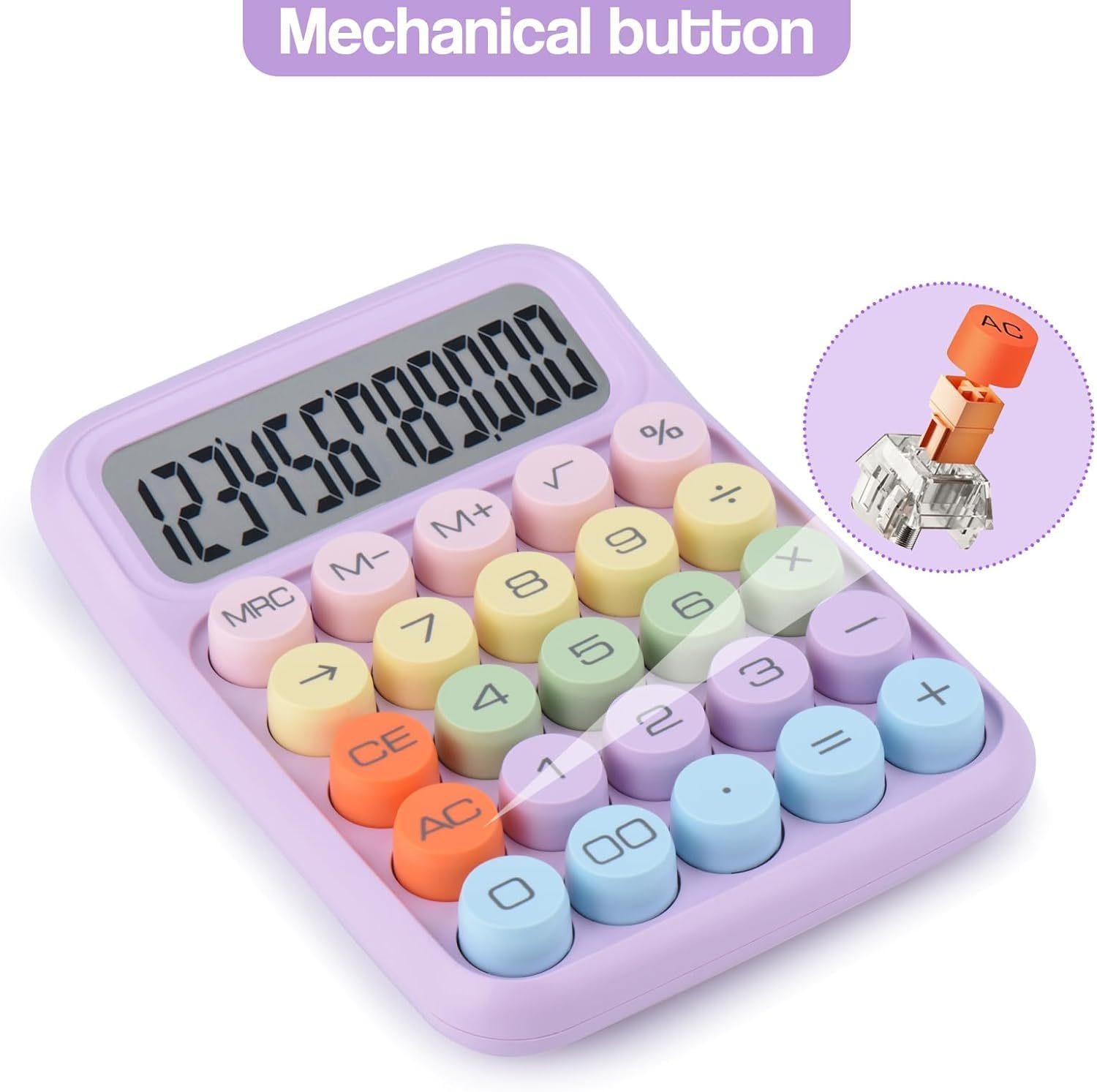 Colorful Candy Mechanical Calculator - Cute 12 Digit Large LCD Display, Big Round Button, Easy to Press - for School, Office, Business, Home - Automatic Sleep (Multi-Color)