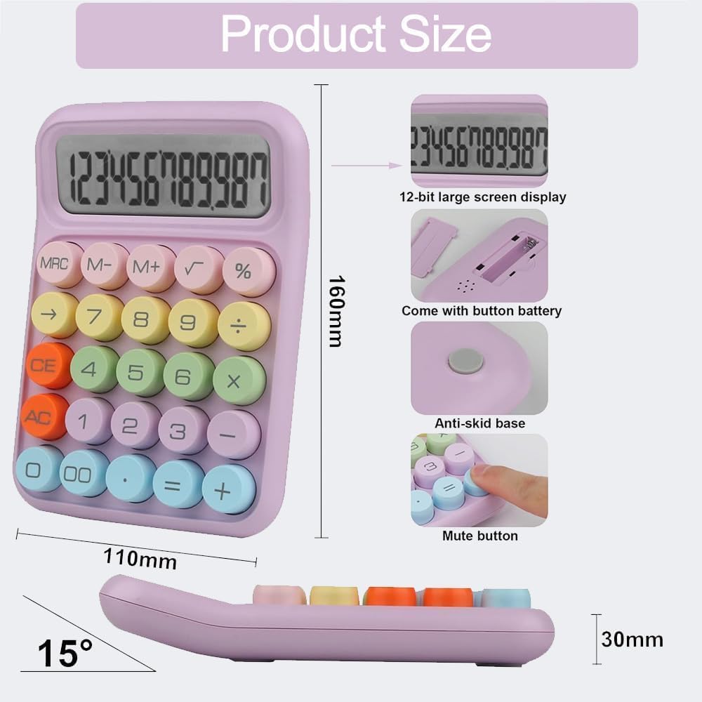 Colorful Candy Mechanical Calculator - Cute 12 Digit Large LCD Display, Big Round Button, Easy to Press - for School, Office, Business, Home - Automatic Sleep (Multi-Color)