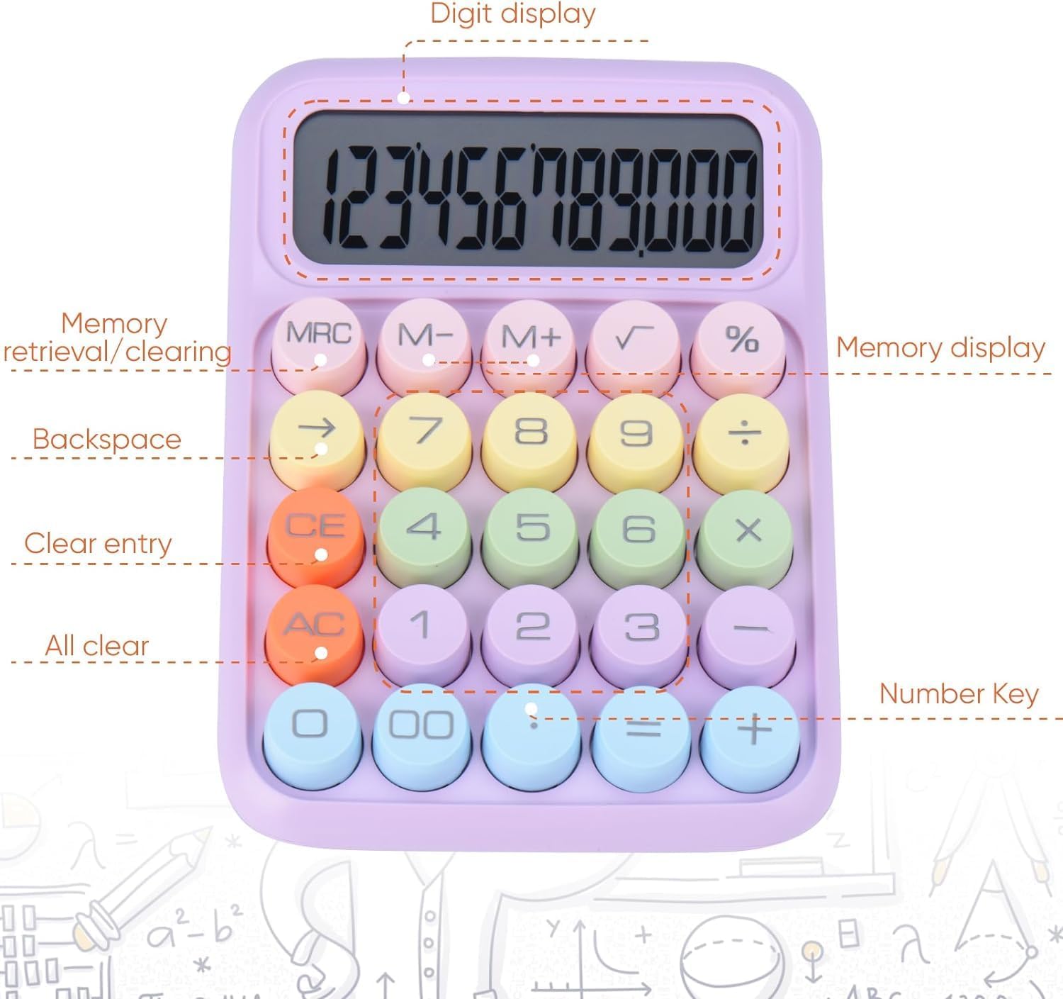 Colorful Candy Mechanical Calculator - Cute 12 Digit Large LCD Display, Big Round Button, Easy to Press - for School, Office, Business, Home - Automatic Sleep (Multi-Color)