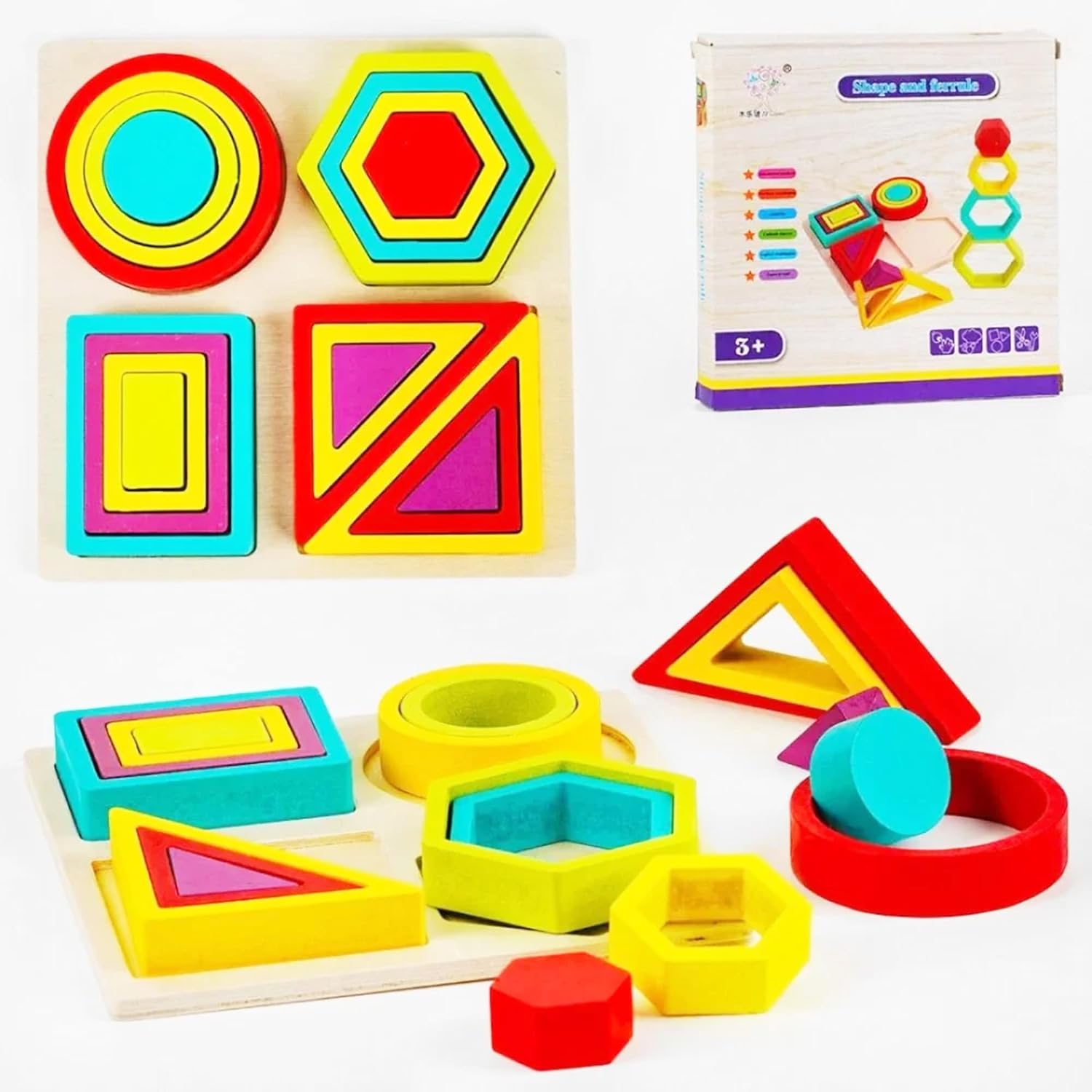 Wooden Shapes and Ferrule - (18 pcs) Rainbow Shapes & Ferrule Building Blocks Set Stack Them into a Design, or add Them to Other Structures as Windows